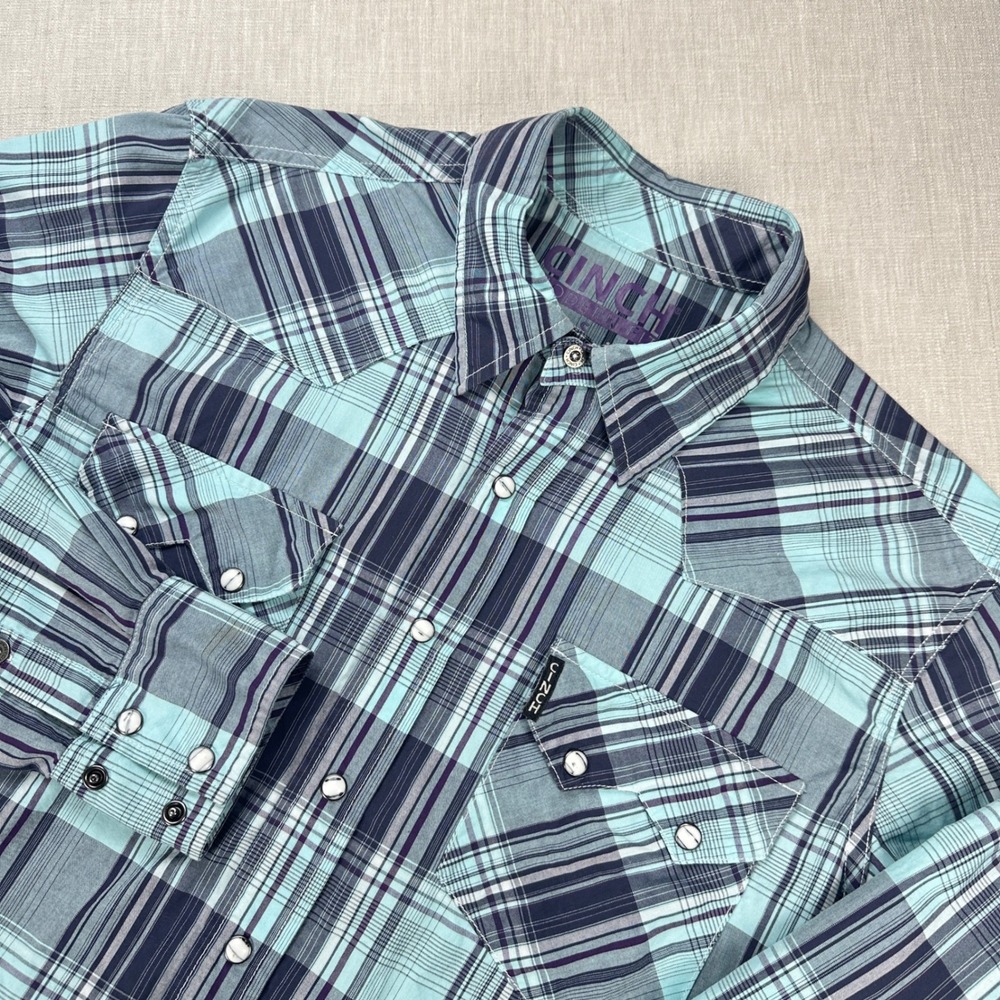 Cinch Western Snap Shirt Mens Small‎ Aqua Purple Plaid Modern Fit MTW1301026